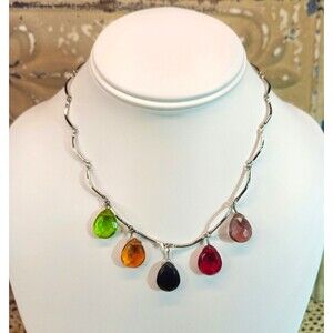 Vintage Silver Tone Necklace w/ Vibrant Colorful Acrylic Lucite Crystals 19"